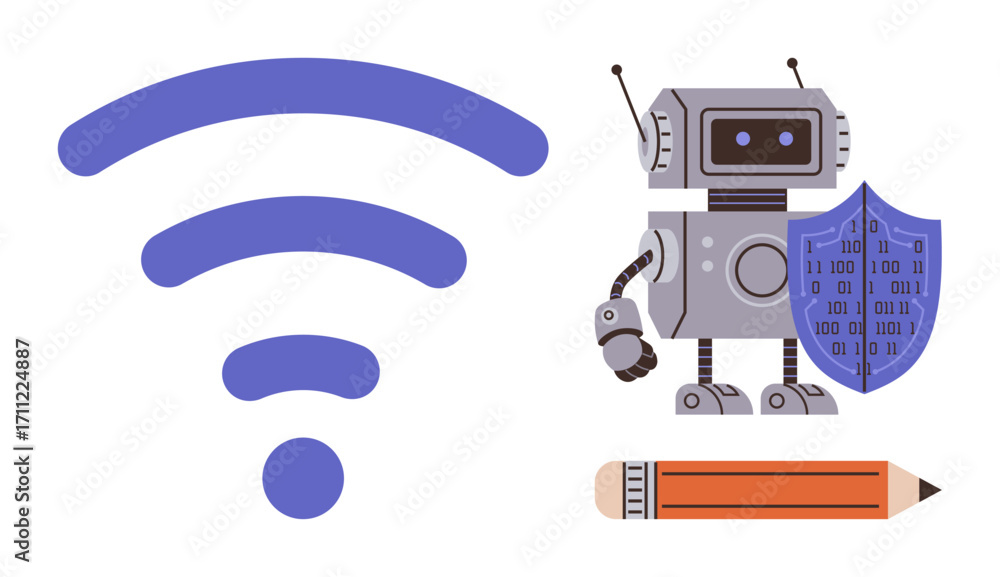 Poster robot holding shield with binary code, large wireless icon, pencil for connection, security, technol