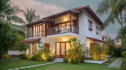 Elegant two-story residential house with white walls, dark wooden beams, and terracotta roof tiles. Lush green plants,