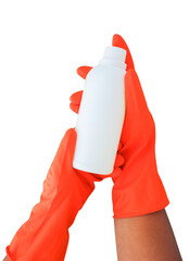 a hand with a glove holding an isolated white bottle against a white background