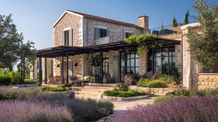 Elegant modern stone residence with large glass windows,