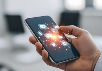 Smartphone in Hand with Emerging Digital Icons Social Media and Communication Concepts