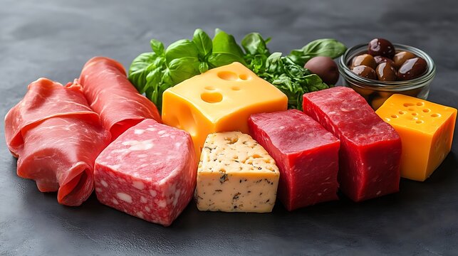 Assorted cured meats and cheeses on a dark surface.  Fresh basil and olives add color and flavor