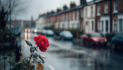 Red Rose Blooms in Rainy Street Scene.