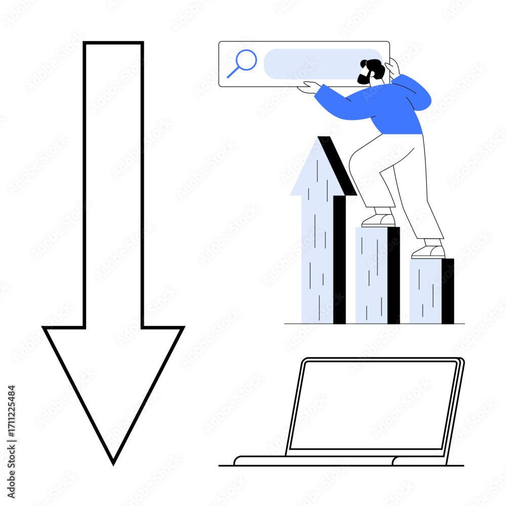 Poster woman scaling a bar chart while holding a search bar, with a laptop below and an arrow pointing down