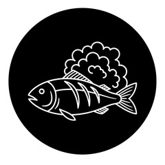 Fototapeta premium Vector art of stylized outline of a fish with steam or smoke coming from its back, set against a black circular background