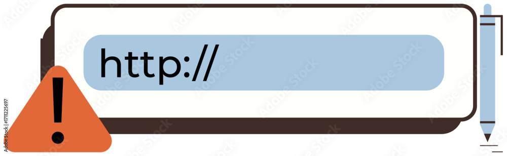 Poster exclamation mark in triangle alerts about potential error in url entry. input bar with http and pen 