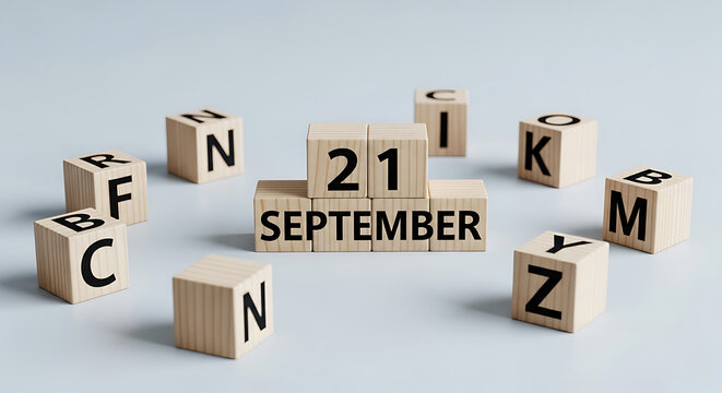 A minimalist stock photo of a wooden calendar showing the date "21 September" with scattered letter blocks on a gray background.