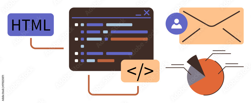 Poster coding window representing web development html and email icons, user profile, and pie chart connect