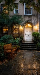 Elegant Evening Entrance - A Charming Homes Illuminated Facade.