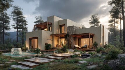 A modern two-story house with clean lines and large windows, nestled in a wooded area,