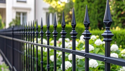 An ornate black wrought-iron fence with spear-tipped posts, borders a garden of white flowers and green foliage with a house in background