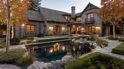 A large luxurious house showcasing rustic charm and modern elegance with stone walls and black accents,