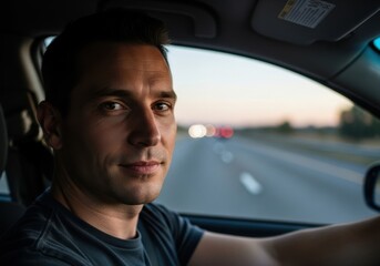 Obraz premium Male Driver Sitting in Car on Highway During Sunset with Calm Expression