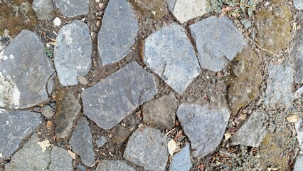 Close-up of natural stone pavement with soil and moss filling the gaps. Represents rustic outdoor flooring, traditional architecture, garden pathway, and construction materials.