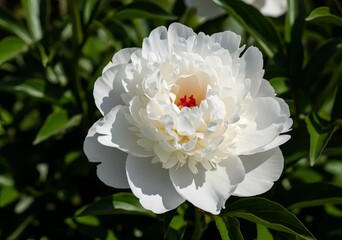 Photo of a beautiful white peony flower blooming in the garden on a sunny day