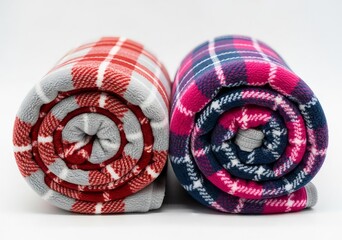 Photo of two rolled up fleece blankets with plaid pattern isolated on white background