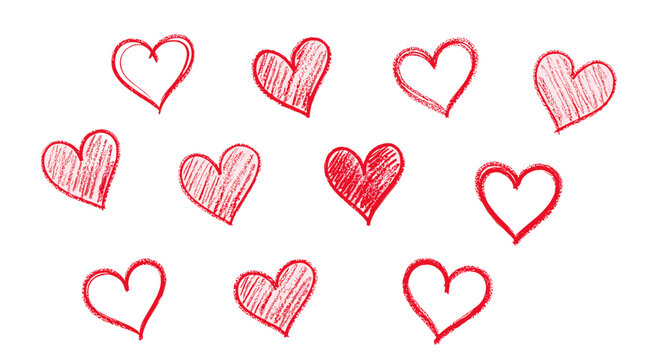 Collection of hand drawn red hearts in various styles and orientations