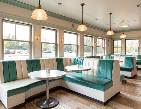 Diner interior with booths and pendant lights. Teal accents, wood floors, windows overlooking a street. Warm and inviting atmosphere