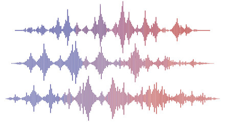 Naklejka premium Three sound wave visualizations with color gradients on a white field