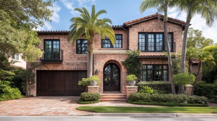 Luxury suburban residence with red brick facade, arched entranceways, balconies, ornamental palm trees, manicured yard,