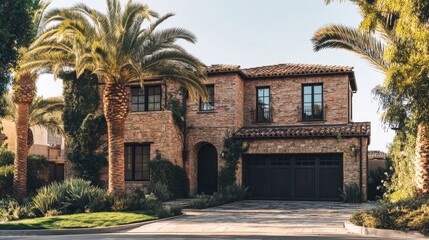 Obraz premium A charming brick house with a sloped metal roof nestled among tall gnarled trees,