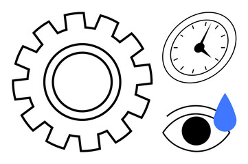 Gear symbolizes work or process, clock represents time, eye conveys perception, while water drop suggests emotion. Ideal for productivity, time management, human emotion, work-life balance, focus