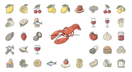 A variety of food items including lobster, fruits, and other delicacies