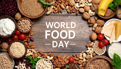 Assorted healthy foods arranged in a circle on a wooden surface, with the text "World Food Day" in the center