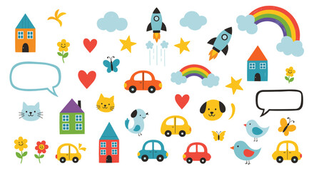 Obraz premium Collection of whimsical cartoon illustrations with houses and animals