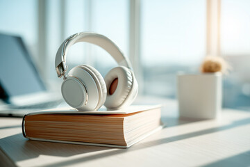 Headphones resting on a book near a laptop in bright workspace