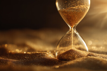 Golden sands flow in an hourglass against a soft background