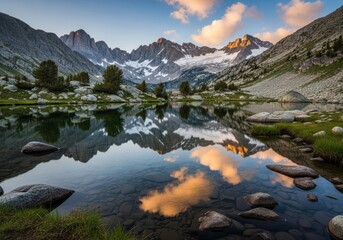 Fototapeta premium Serene Mountain Lake Scene with Snow Capped Peaks Green Trees and Reflective Water During Sunset