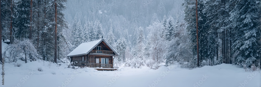 Poster cabin is in the snow with trees in the background