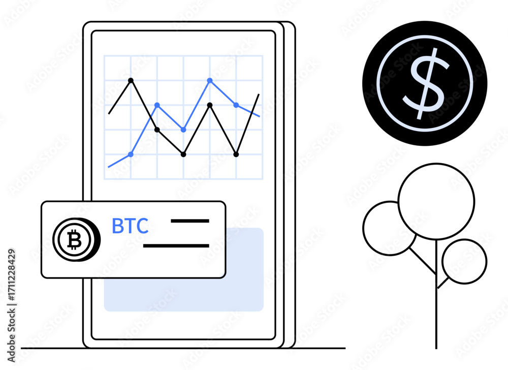 Poster smartphone displaying a cryptocurrency chart with bitcoin card, dollar coin symbol, and minimal tree