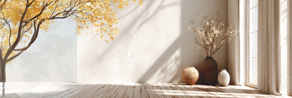 Aufkleber white room with a tree in the background and a vase on a table