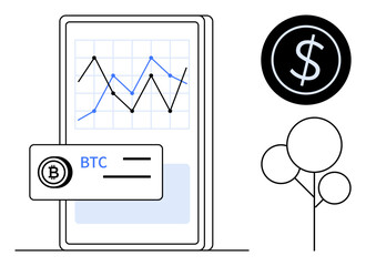 Smartphone displaying a cryptocurrency chart with Bitcoin card, dollar coin symbol, and minimal tree graphic. Ideal for finance, blockchain, investment, economy, trading fintech technology. Simple