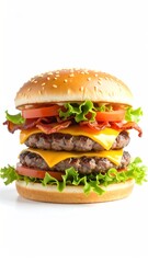 Delicious double cheeseburger, featuring juicy patties, crisp lettuce, tomato, bacon, and melted cheese, all nestled within a sesame seed bun