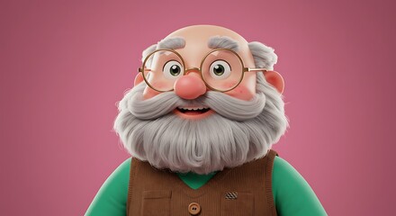 Obraz premium Cheerful elderly cartoon man with rosy cheeks and thick white beard smile