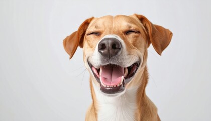 A smiling, light brown, short-haired dog with its eyes closed and mouth open, facing forward against a white background