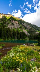 Mountain lake with wildflowers and camping