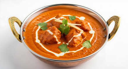 Vibrant orange butter chicken curry in a traditional copper karahi bowl with a swirl of cream and cilantro.