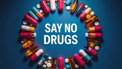 Assorted pills and capsules arranged in a circle around the text "Say No Drugs" on a deep blue background