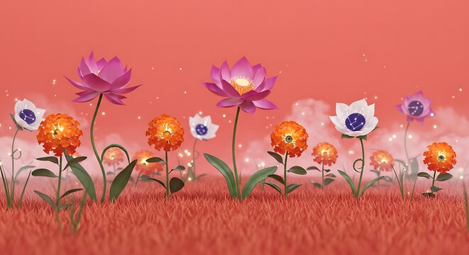 Warm wildflowers under peach sky with soft glow and gentle haze