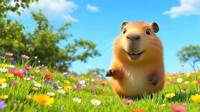 Cute 3D animated capybara character smiling happily in a vibrant spring flower field under a clear blue sky