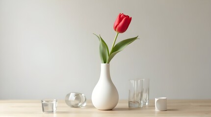 Elegant red tulip blossom in vase with modern glassware for stylish spring floral designs