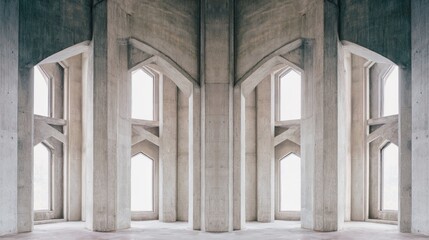 Fototapeta premium Modern minimalist interior design featuring concrete columns and arched windows with serene natural light creating a cal