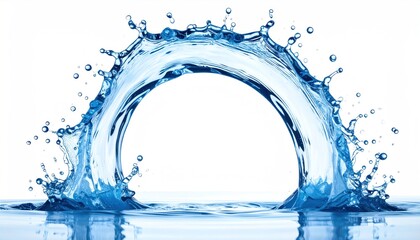 Dynamic upward arch of clear water splashing against a serene surface, forming an elegant, translucent arc on pure white