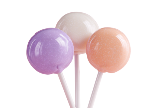 Trio of Pastel Mini Lollipops Clustered Together, Side 3/4 View, Transparent Background 