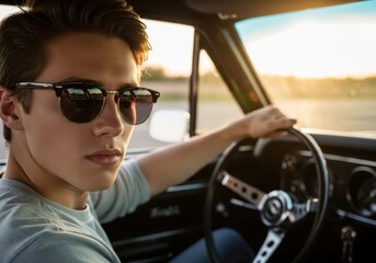 Young Man Wearing Sunglasses Driving Classic Car During Sunset