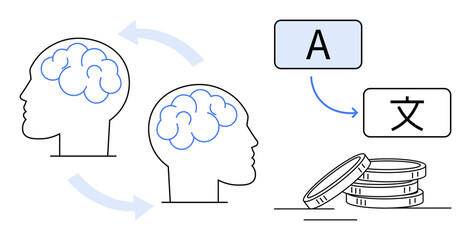Two human brains interconnected by arrows, text in multiple languages with blue arrows, and stacked coins. Ideal for communication, translation, thought exchange, learning, globalization, economy